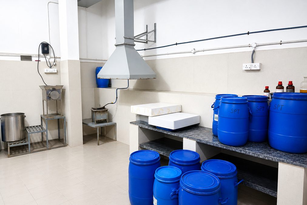 Chemical production lab with blue drums — Goclean Products