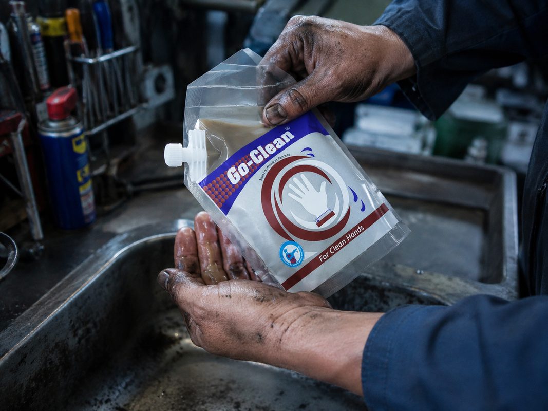 Mechanic using Go-Clean hand wash at workshop sink
