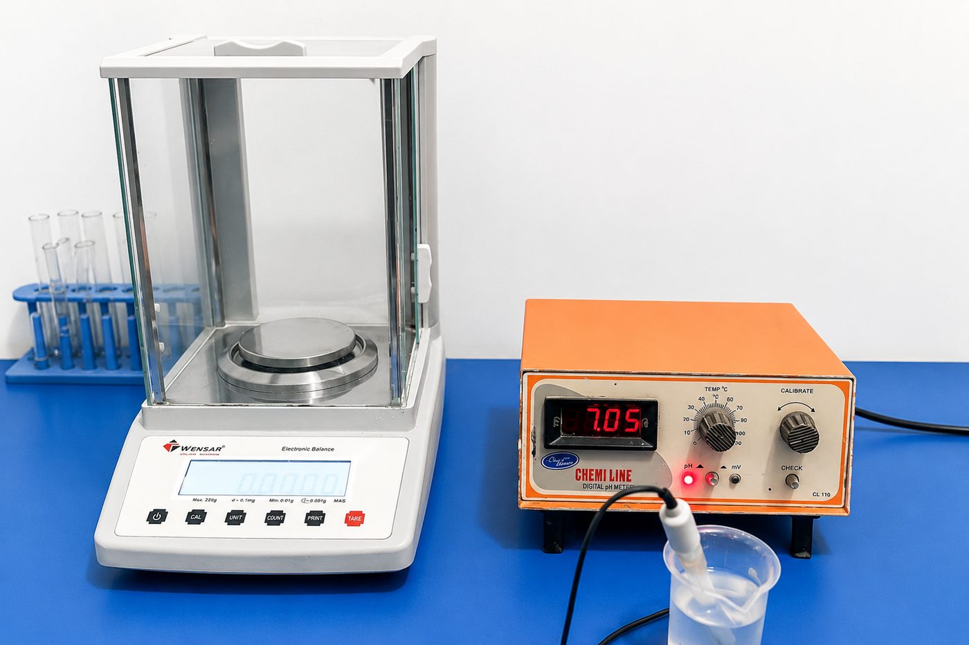 QC testing — analytical balance and pH meter